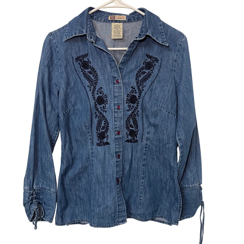 VTG Faded Glory Denim Embroidered Top Womens Small Blue Corset Back Boho Western